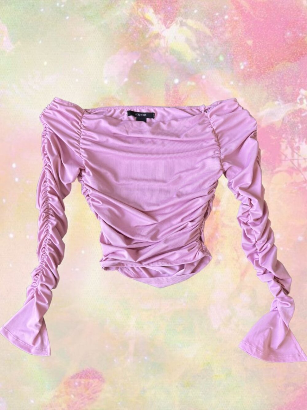 Forever 21 Pink Ruched Off Shoulder Top Long Sleeve Flare Sleeve XS
